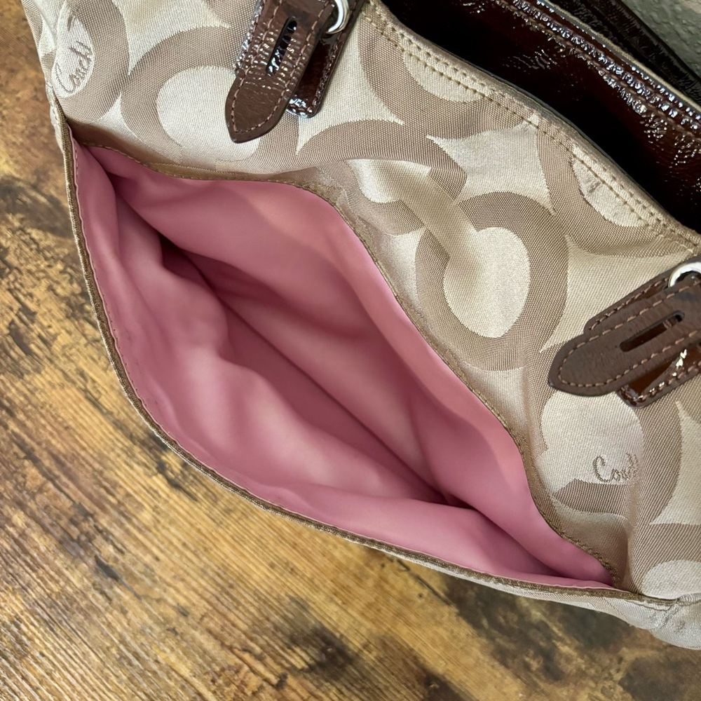Coach Canvas Leather Tote Madison Tribeca Op Art Small Gold Tan Brown Pink Satin - Picture 10 of 15